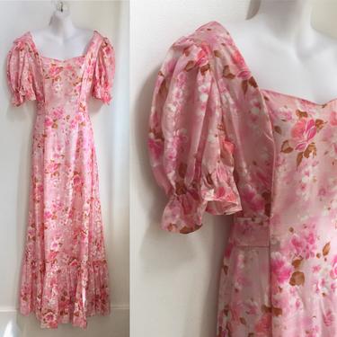 Romantic Vintage 70’s ROSE Floral Prairie Dress / Big PUFF Sleeves + Tie Sash / Cottage Core 