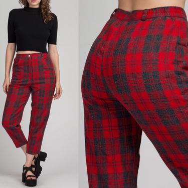 80s 90s High Waisted Plaid Pants - Small to Medium | Vintage Red Wool Retro Tapered Leg Trousers 