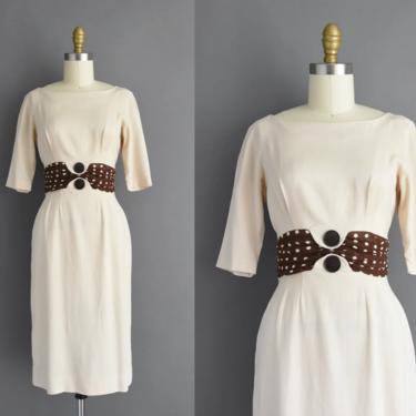 1950s vintage dress | Sue Leslie Beige Cotton Polka Dot Cocktail Bridesmaid Pencil Skirt Dress | Small | 50s dress 
