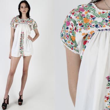 Vintage White Oaxacan Top Colorful Floral Hand Embroidered Cotton Mexican Tunic Mini Shirt 