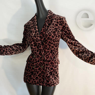 Pink Rose Leopard Print Velvet Blazer Jacket • Cheetah Animal Print Rockabilly Retro Sophisticated Punk Rocker • Vintage 90s Y2K • Large 