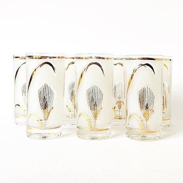 Vintage Fred Press Frosted White and Gold Wheatsheaf Highball Glass Set 