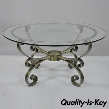Vintage Scrolling Iron &amp; Round Glass Top Hollywood Regency Silver Coffee Table