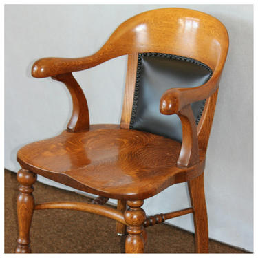 F3721 Antique Late 1800's American Quartersawn Oak Office Chair with Genuine Leather Backrest, Contoured Seat and Arm Rests 