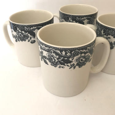 Vintage set of (4) Coffee Mugs in the classic &amp;quot;Delamere&amp;quot;  china pattern made by Spode- Black and White floral pattern 