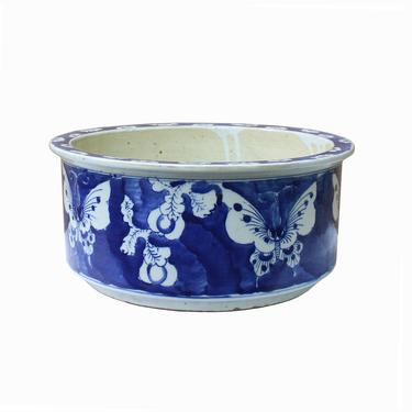 Chinese Vintage Finish Blue White Butterflies Porcelain Round Pot Planter ws1017E 