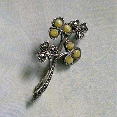 Vintage Germany Sterling Silver and Marcasite Clover Brooch Pin, Vintage Sterling Three Leaf Clover Brooch Pin, Good Luck Pin (#3836) 