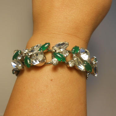 The Emeralds of Ireland - Vintage 1950s Juliana Clear and Jade Green Cabochon Rhinestone Bracelet  - D &amp; E 