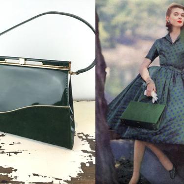 Strolled In the Park - Vintage 1950s 1960s Seafoam Ombre Green Faux Patent Leather Handbag Purse 