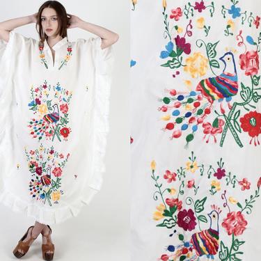 White Mexican Dress Caftan Dress / Colorful Embroidered Peacock Kaftan / Vintage Summer Floral Beach Cover Up / Sheer Sun Maxi Dress OS 