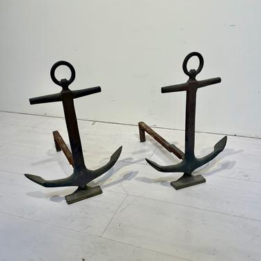 Pair of Vintage Brass Anchor Fireplace Andirons 