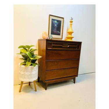Mid Century Bassett Walnut Triple Tallboy Dresser with Brass Accents, MCM Dresser, Mid Century Chest of Drawers, Modern Highboy Dresser 