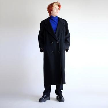 Black Wool Overcoat, Oversized Double Breasted Full Length Maxi Coat, Long Vintage 90s Simple Minimal Neutral Plain Baggy Chic Unisex Coat 