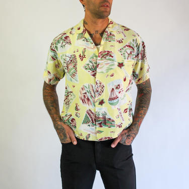 Vintage 60s St. Vincent Novelty Print Rayon Hawaiian Style Shirt | 100% Rayon | Rockabilly, Greaser, Loop Collar | 1960s Hawaiian Shirt 