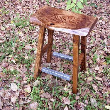 Reclaimed Oak Live Edge Bar Stools with Salvaged Metal Trim 