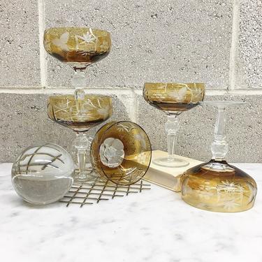 Vintage Champagne Glasses Retro 1960s Mid Century Modern + Etched + Set of 5 + Amber Honey + Stemware + Barware and Home or Kitchen Decor 