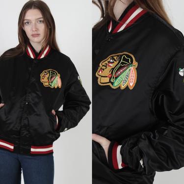 90s Chicago Blackhawks Starter Jacket / 1990s Black Satin NHL Hockey Coat / Mens Size Medium M 