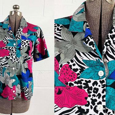 Vintage Floral Button Front Shirt Orbit Sport 1980s 80s 1990s 90s Blue White Black Pink Short Sleeve Blouse Medium 