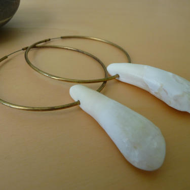 Handmade VINTAGE Raw Brass 2-1/4&amp;quot; HOOP Earrings w/ Large Buffalo TOOTH White, raw natural organic modern 