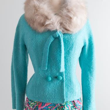 Fabulous 1960's Turquoise Wool Boucle Jacket With Fur Collar /  Small