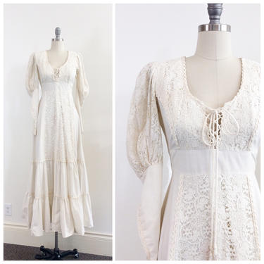 FINAL SALE /// 70s Ivory Gunne Sax Dress / 1970s Vintage Lace Maxi Dress / Medium / Size 8 