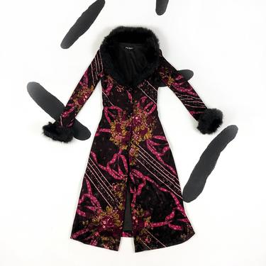90s Betsey Johnson Stretch Velvet Floral Bow Printed Duster Jacket / Coat / Small / Rare / 00s / Velour / Faux Fur / Pink / Brown / 