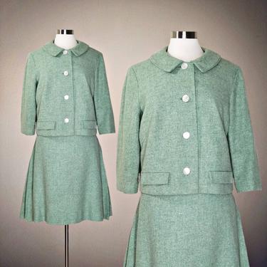 Vintage Wool Skirt Suit, Medium Large / Womens 1960s Mint Green Suit / Cropped Jacket & Flared Pleated Skirt / Vintage Christmas Dress Suit 