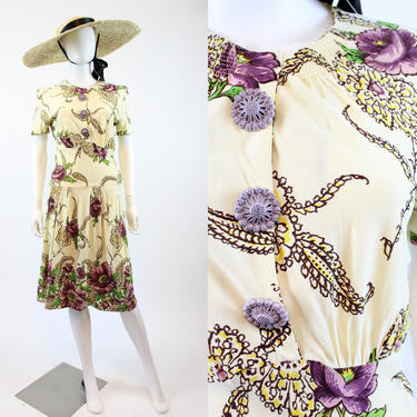 1930s rayon jersey floral dress xs | vintage side button dress | new in 