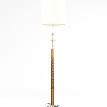Frances Elkins Style Mid Century Brass and Burlwood Adjustable Floor Lamp - mcm 