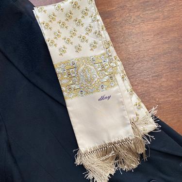 Vintage DKNY Silk Scarf with Fringe Ascot Style Neck Tie 54” 
