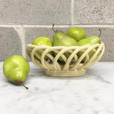 Vintage Bowl Retro 1980s Baby Yellow Ceramic + Fruit Bowl + Semi Open Sides with Curved and Woven Bars + Home and Kitchen Decor or Storage 