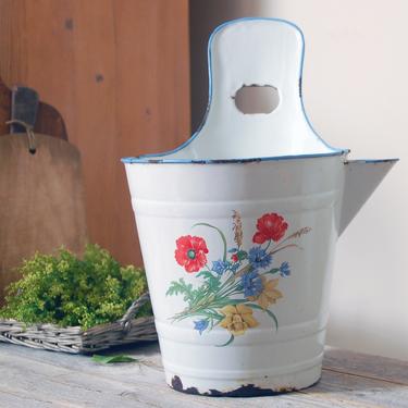 Vintage French enamel bucket with flowers / enamelware watering pail with handle / French country farmhouse bucket /  rustic enamel planter 