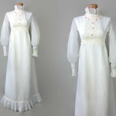 VINTAGE 60s 70s White Cottagecore Bishop Sleeve Maxi Dress | 1970s Gunne Style Prairie Festival Dress | 1960s Bohemian Bridal Wedding Dress 