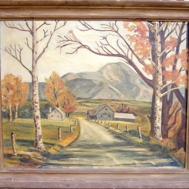 Vintage 1920s-1940s Rustic Road Birch Tree Mountainscape Farm Scene Autumnal Tone Painting in Wood Frame 