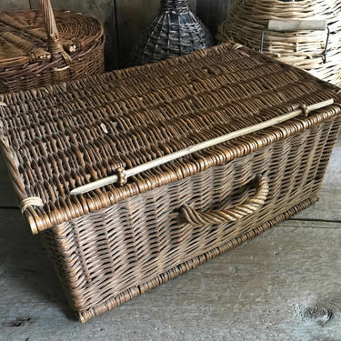 Antique French Picnic Basket, Market, Hand Woven Willow Large 16&quot; Storage Basket, Wood Dowel and Carry Handle 