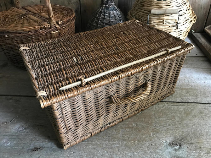 Antique French Picnic Basket, Market, Hand Woven Willow Large 16&amp;quot; Storage Basket, Wood Dowel and Carry Handle by JansVintageStuff