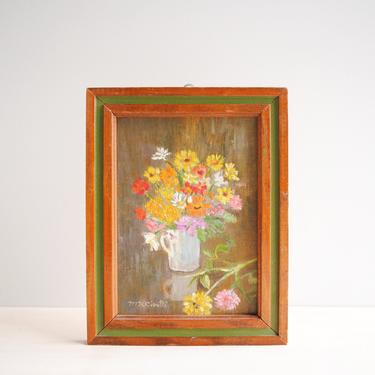 Vintage Small Flower Painting, Flowers in a Vase Framed Original Painting 