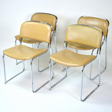Set of 4 Italian Mid-Century Modern Stacking Leather and Chrome Chairs by Thema 