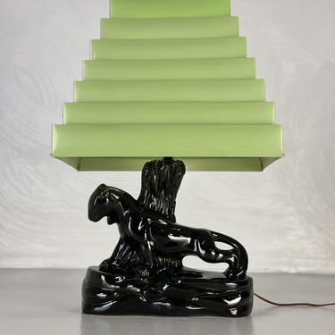 1950's Ceramic Black Panther Lamp with Green Metal Shade - *Please see notes on shipping before you purchase. 
