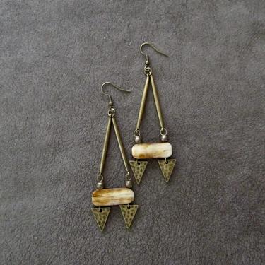 Long carved bone earrings, Afrocentric dangle earrings, African earrings, bold statement earrings, unique earrings, bronze animal print 