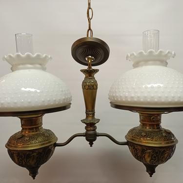 Vintage gas lantern converted into electric Chandelier with hob nob glass shades