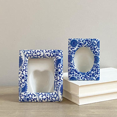 Blue White Ceramic Picture Frames Set Pair Two Chinoiserie Decor 