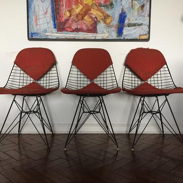 Eames DKR Black Wire Chair Eiffel Base Orange Fabric Bikini Pad by Herman Miller - Set of 3 