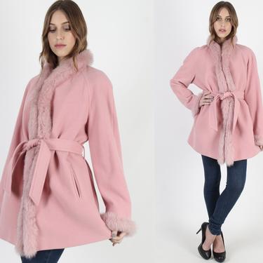 Bill Blass Dyed Pink Fox Fur Coat Vintage 80s Real Fur Pink Wool Belted Jacket Pockets Evening Preppy Designer Trench Jacket Size 4 
