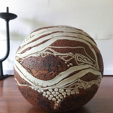Danish Earthy Sphere Weedpot Raku Vase Studio Pottery Signed Art Vintage Mid Century Earth Tones 
