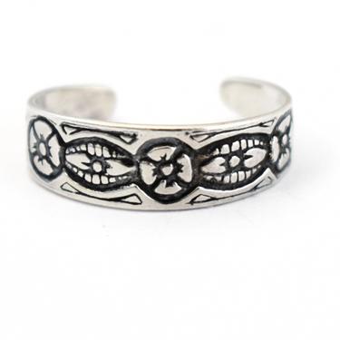 70's Southwestern 925 silver flowers and leaves boho midi band, funky abstract floral sterling adjustable hippie knuckle or toe ring 
