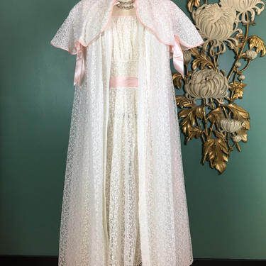 1950s Peignoir set, vintage 50s lingerie, lace nightgown, size medium, nightgown and robe, lingerie set, dressing gown, mrs maisel style, 36 