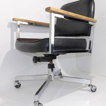Ed Pauly Mid Century Modern Office Arm Chair Propeller Rolling Swivel Vintage Salon Doctor Chrome Adjustable Tanker Desk Black Vinyl Wood 