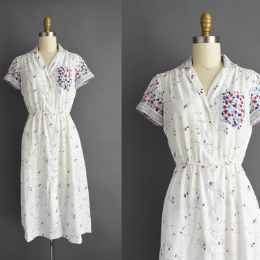 1970s vintage dress | Beautiful White Cotton Floral Print Short Sleeve Shirt Dress | XS Small | 70s dress 