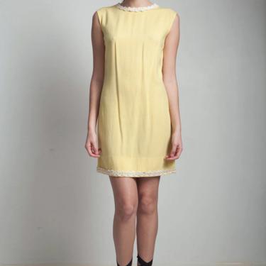 vintage 60s shift mini dress yellow linen mod lace trim sleeveless XS S extra small / small 